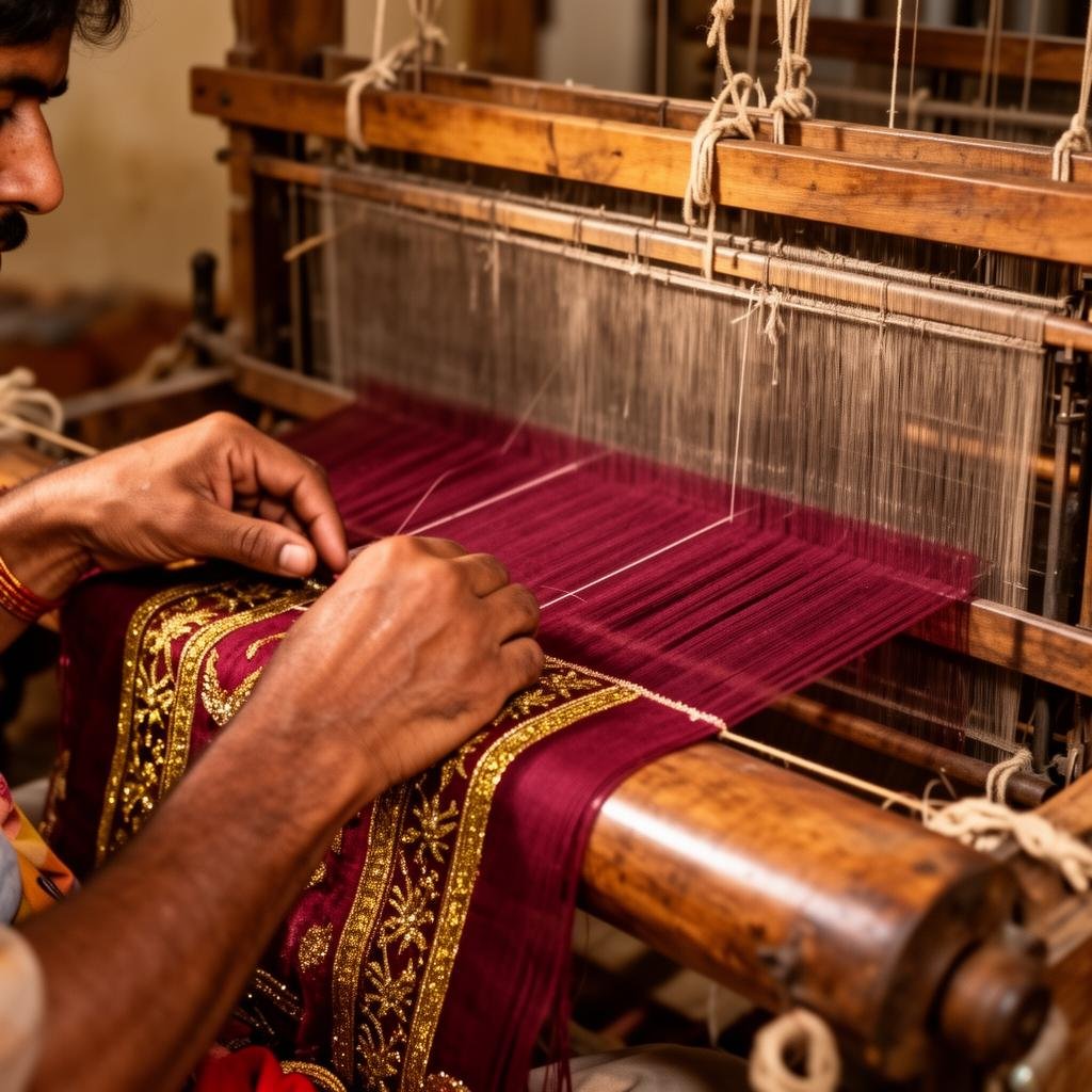 Artisan weaving maroon and gold cloth by hand