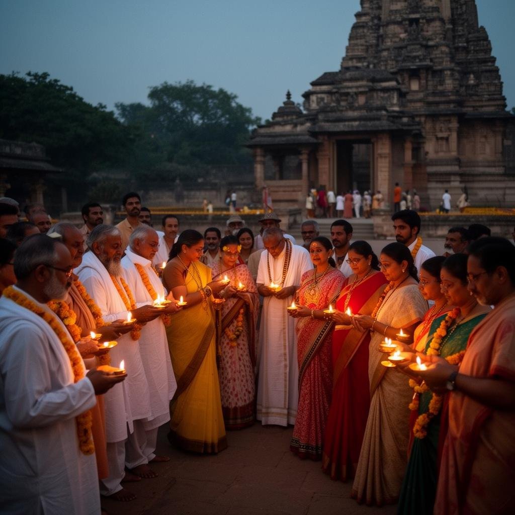 Spiritual community gathered with lamps at a temple