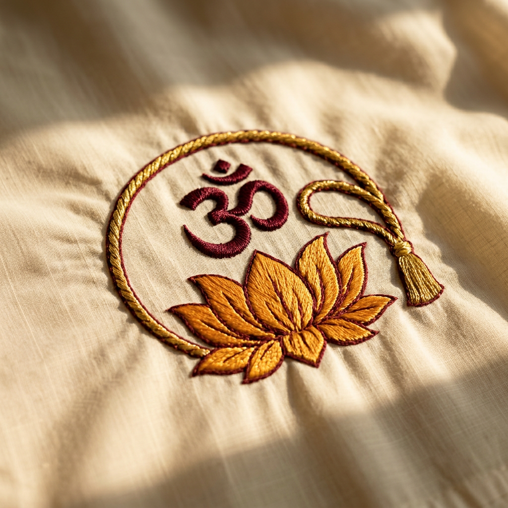 Hand-embroidered sacred Om motif on ivory cotton