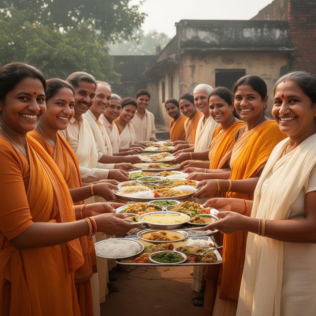 Volunteers distributing food during a seva program